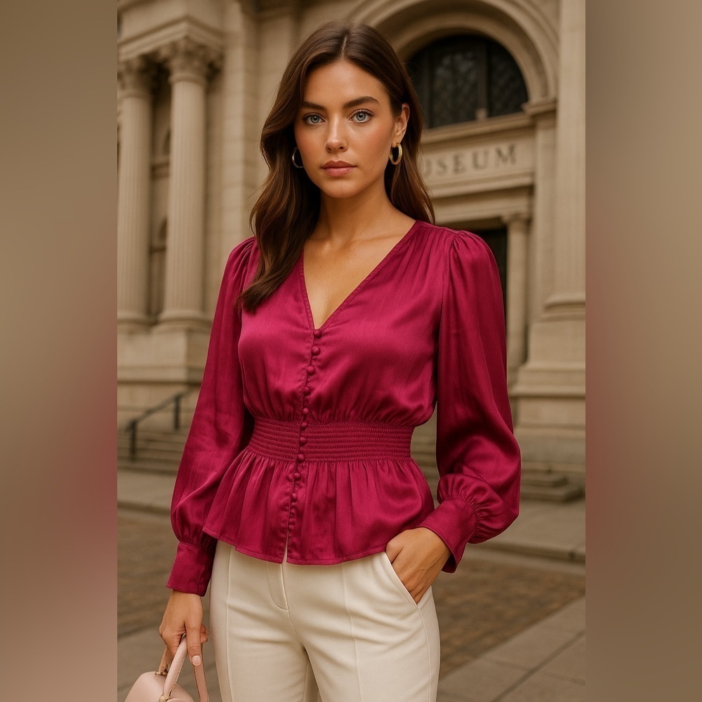 Banana Republic Satin Peplum Blouse Smocked Feminine Quiet Luxury Glam Parisian